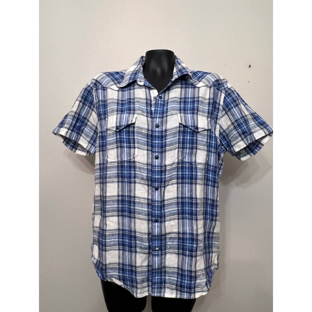 Lucky Brand Linen Shirt Sz M Blue Plaid Pocket Button-down Camping Preppy Hiking